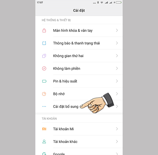 Vào cài đặt bổ sung